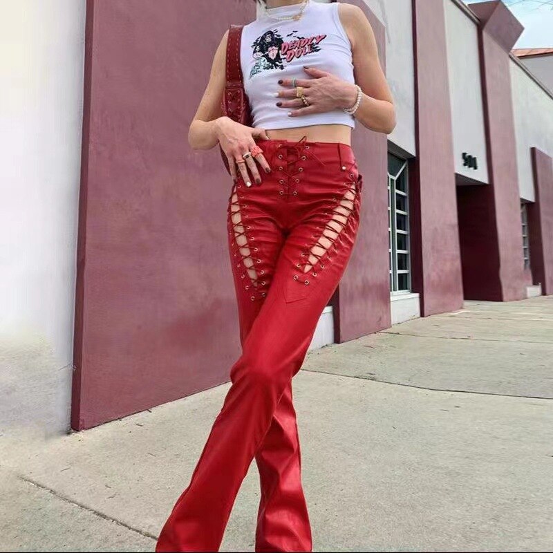 Spring New Bandage Hollow Out Flare Pants