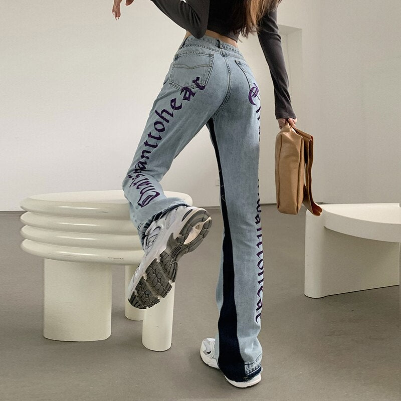 Embroidery Thin Loose High-waisted Jeans Straight Pants
