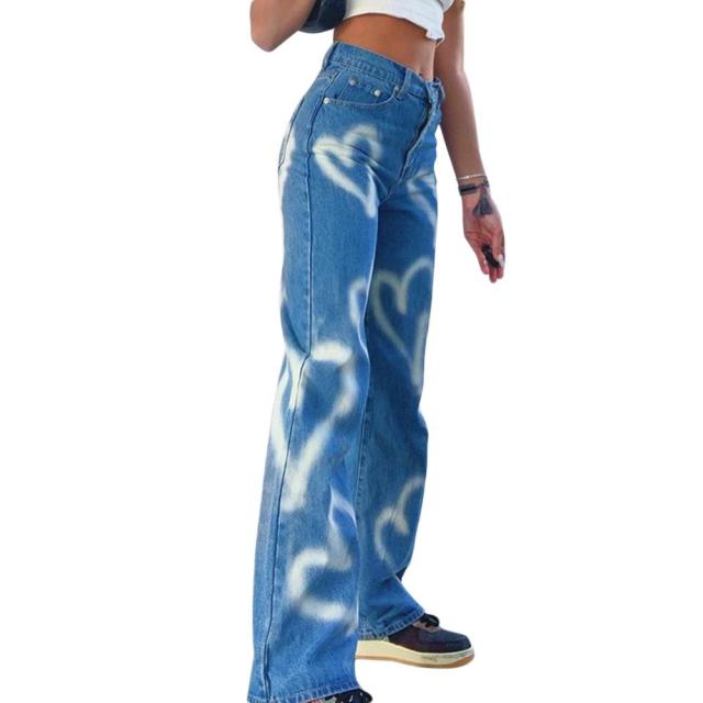 Summer Ladies Casual Jeans Printed Loose Jeans High Waist Pants