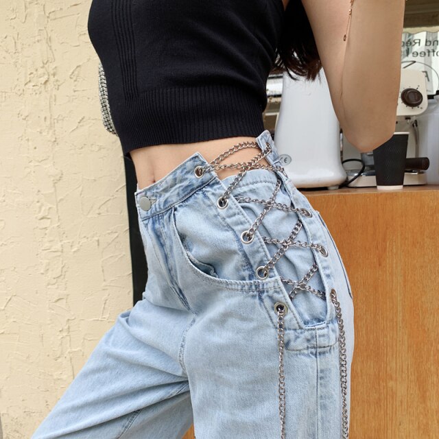 Side Cross Chain Hollow Out Wide-leg Women&#39;s Jeans High Waist Pants Sexy Elegant Ladies Europe Fashion Jeans