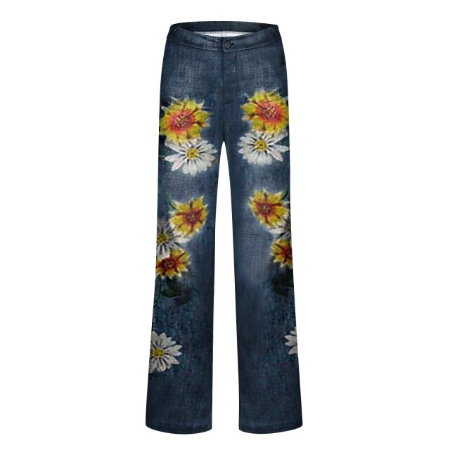 Woman Stripe Flower Printed Skinny Trousers Casual Pants