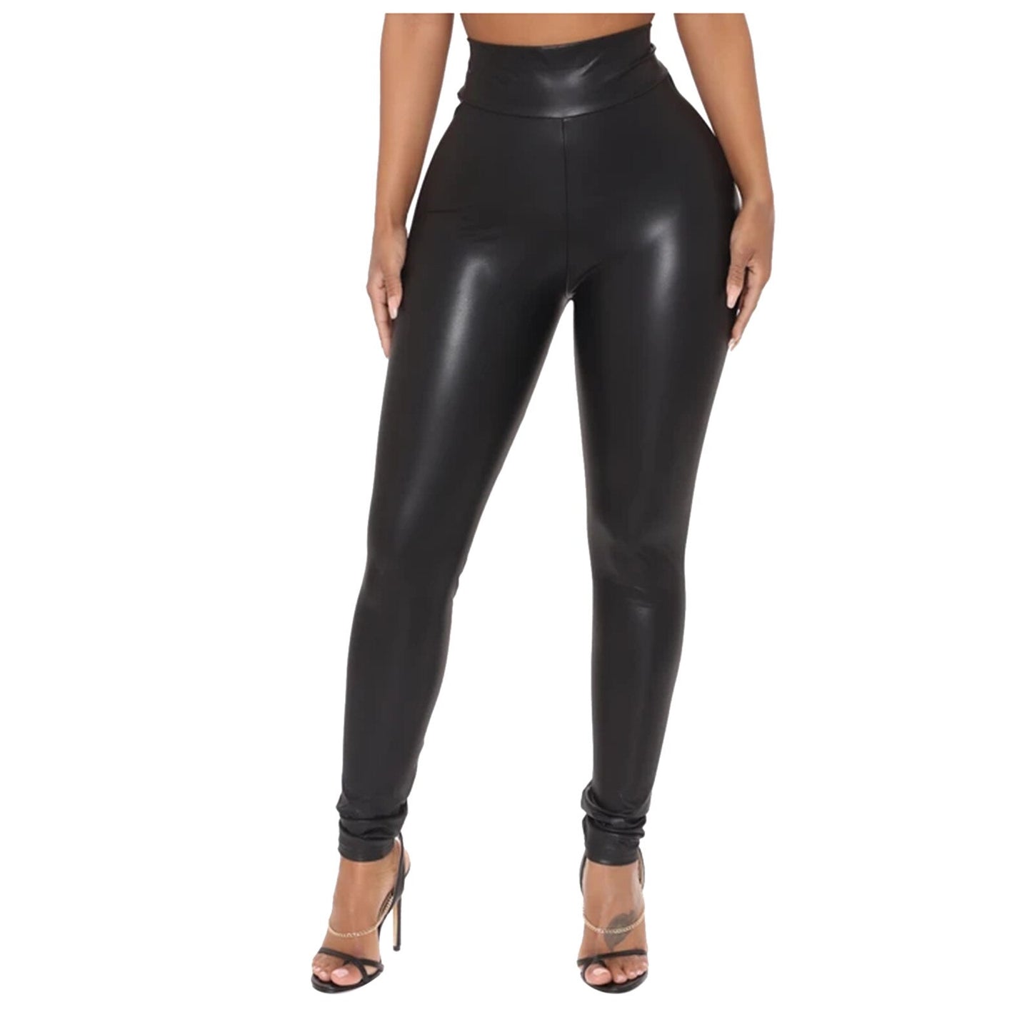 High Waisted Slim Black Faux Leather Trousers Women Abdominal Control Push Up Stretch Fitness Treggings Pants