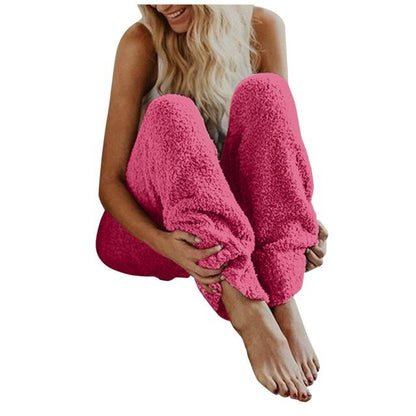 Fluffy Solid Winter Women Plush Sleep Pajama Casual Streetwear Pants Sleep Elastic Bottoms Night Wear Long Pants Sleepwear
