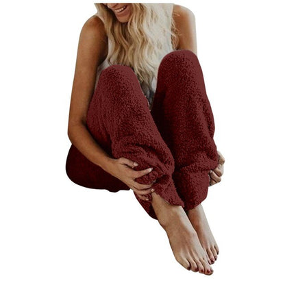 Fluffy Solid Winter Women Plush Sleep Pajama Casual Streetwear Pants Sleep Elastic Bottoms Night Wear Long Pants Sleepwear