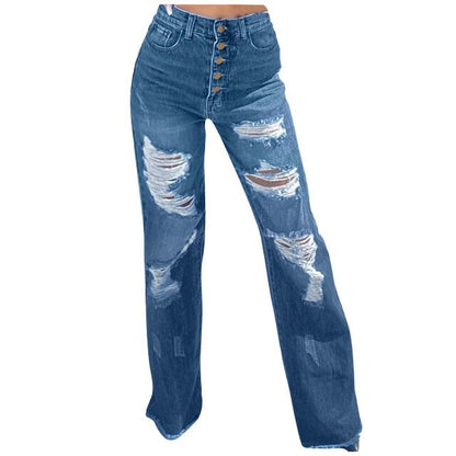 Women Broken Hole Washing Water Blue Casual Jeans Fashion Straight Tube Denim Pants