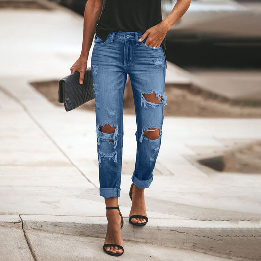 Women Fashion Solid Colors Ripped Hole Pocket High Waist Denim Pants Stretch Straight Leg Jeans Trousers