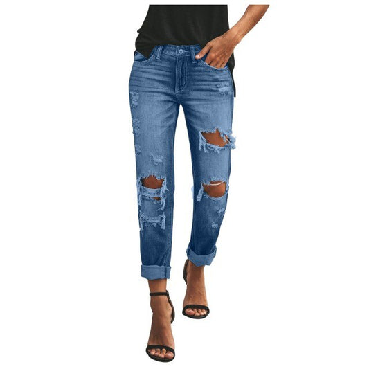 Women Fashion Solid Colors Ripped Hole Pocket High Waist Denim Pants Stretch Straight Leg Jeans Trousers