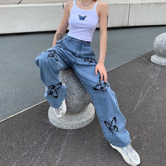 Hot Sale New Summer Vintage Jeans Woman Long Trousers Cowboy Female Loose Streetwear Butterfly Print Pants