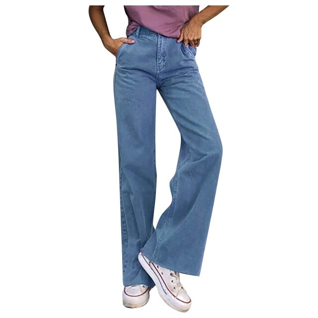 Light Blue Denim Trousers Vintage Wide Leg Pants Women Korean Straight Long Pants High Waist Casual Loose With Belt Autumn
