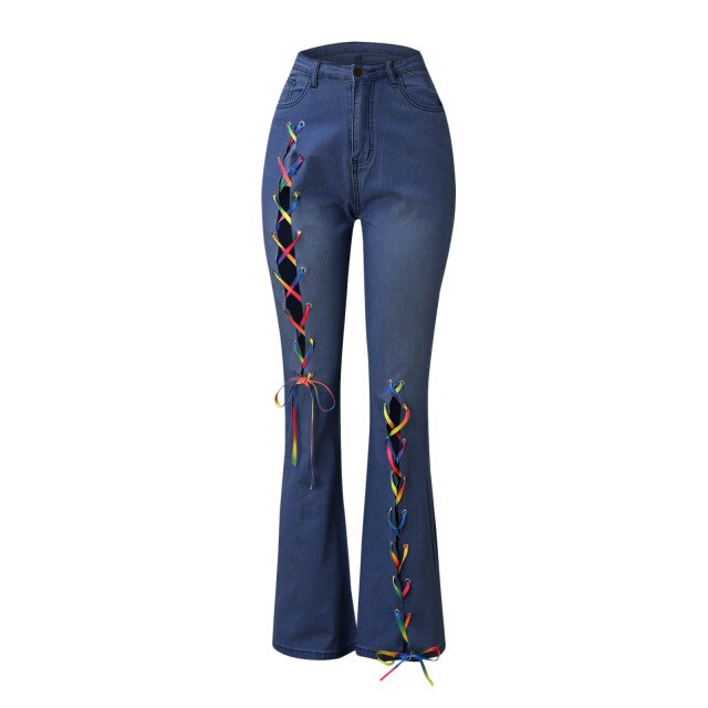 Women Button High Waist Slim Band Bell Bottom Flared Jeans Pants Stitching Jeans Causal Vintage Denim Pants