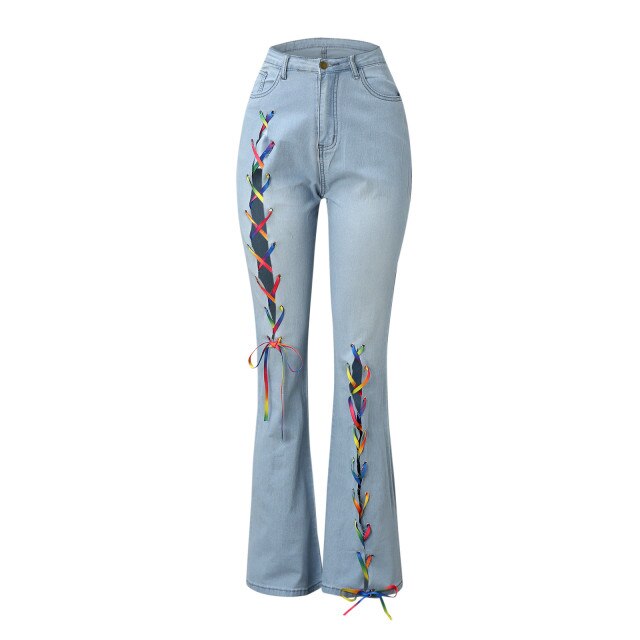 Women Button High Waist Slim Band Bell Bottom Flared Jeans Pants Stitching Jeans Causal Vintage Denim Pants