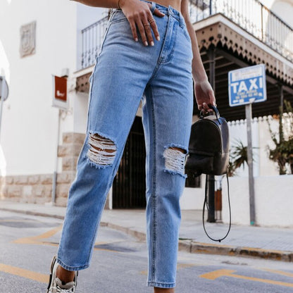 Women High Waist Jeans Pocket Button Elastic Hole Jeans Trousers Slim Denim Pants High Street Wear