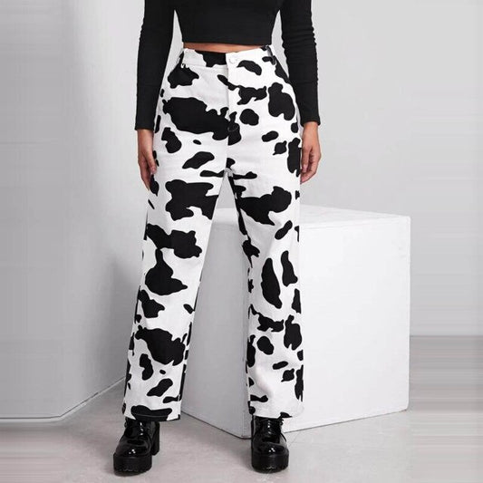 Cow Print Jeans Women Y2k Casual High Waisted Pants Capris Harajuku 90s Black Long Trousers Ladies Street Jeans Pants