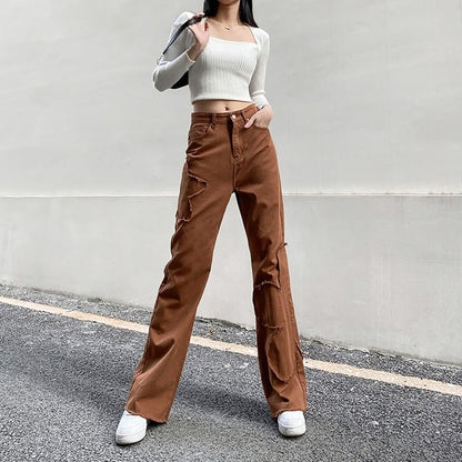 Brown Vintage Baggy Jeans Women 90s Streetwear Pockets Wide Leg Cargo Pants Y2K Low Waist Straight Denim Trousers