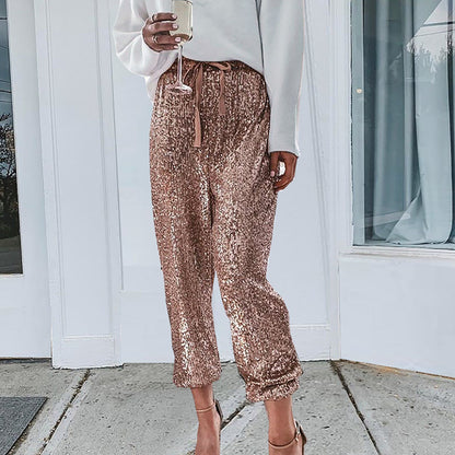 Gold Sequin Shiny Wide Beam Leg Pants Women High Waist Lace Up Trousers Streetwear Casual Christmas Party Harem Pants New