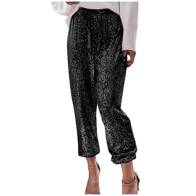 Gold Sequin Shiny Wide Beam Leg Pants Women High Waist Lace Up Trousers Streetwear Casual Christmas Party Harem Pants New
