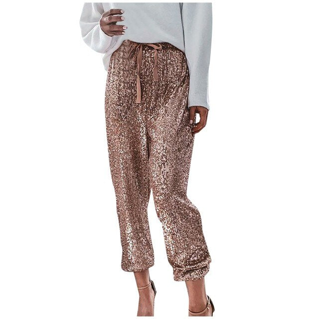 Gold Sequin Shiny Wide Beam Leg Pants Women High Waist Lace Up Trousers Streetwear Casual Christmas Party Harem Pants New