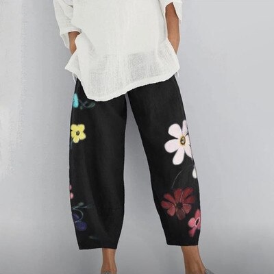 Women Casual Harem Pants Summer Elastic Waist Wide Leg Pants Vintage Floral Print Trousers Femme Loose Pantalon Plus Size