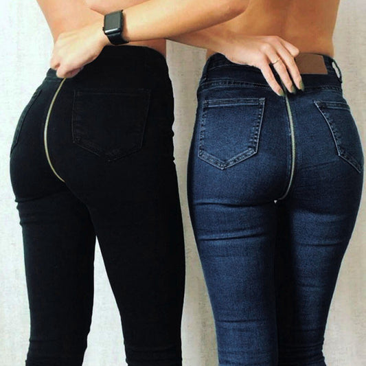 Women High Waist Skinny Jeans With Zipper In The Back Vintage Push Up Black Jeans Femme Fitness Denim Pants Streetwear Leggings