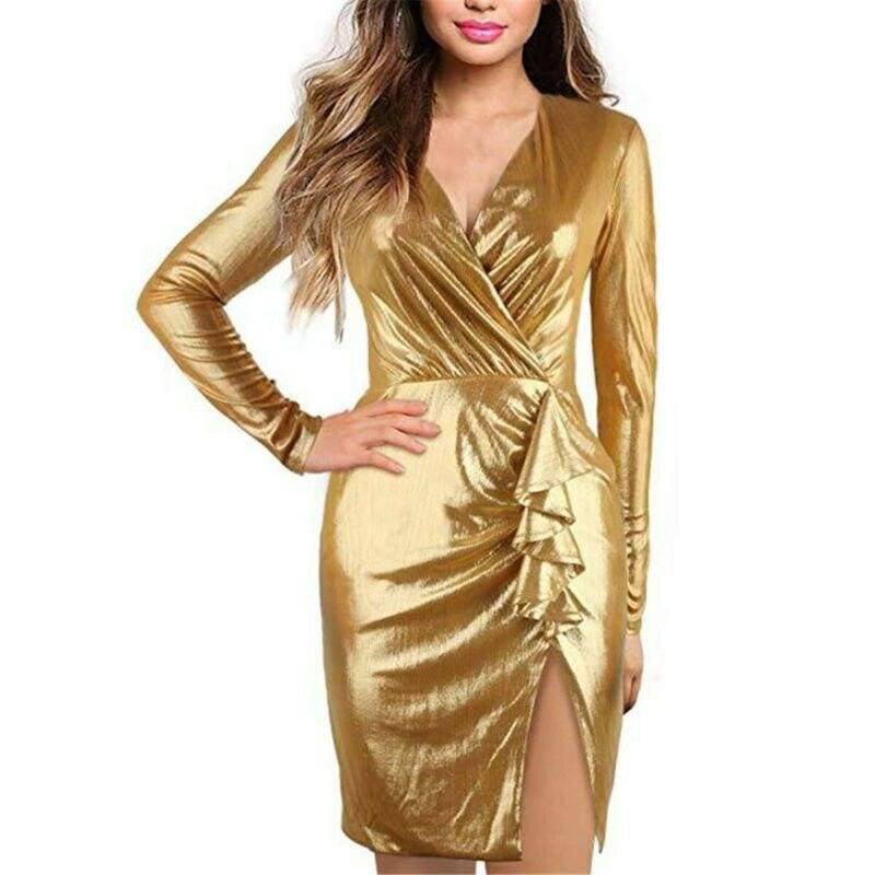 Spring Autumn Wrap Bandage Bodycon Dresses Women Deep V Neck Mini Dress Gold Elegant Silver Summer Party Dress Vestidos