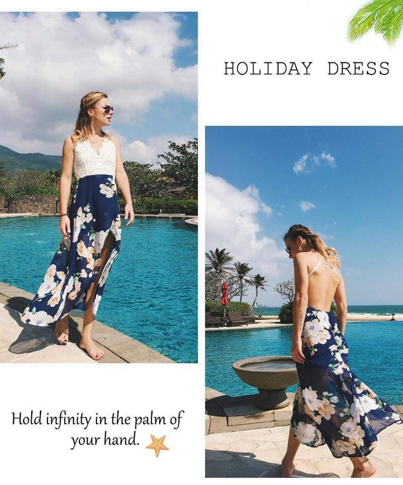 Summer Dress Lace Boho Split Floral Print V-Neck Backless Beach Dress