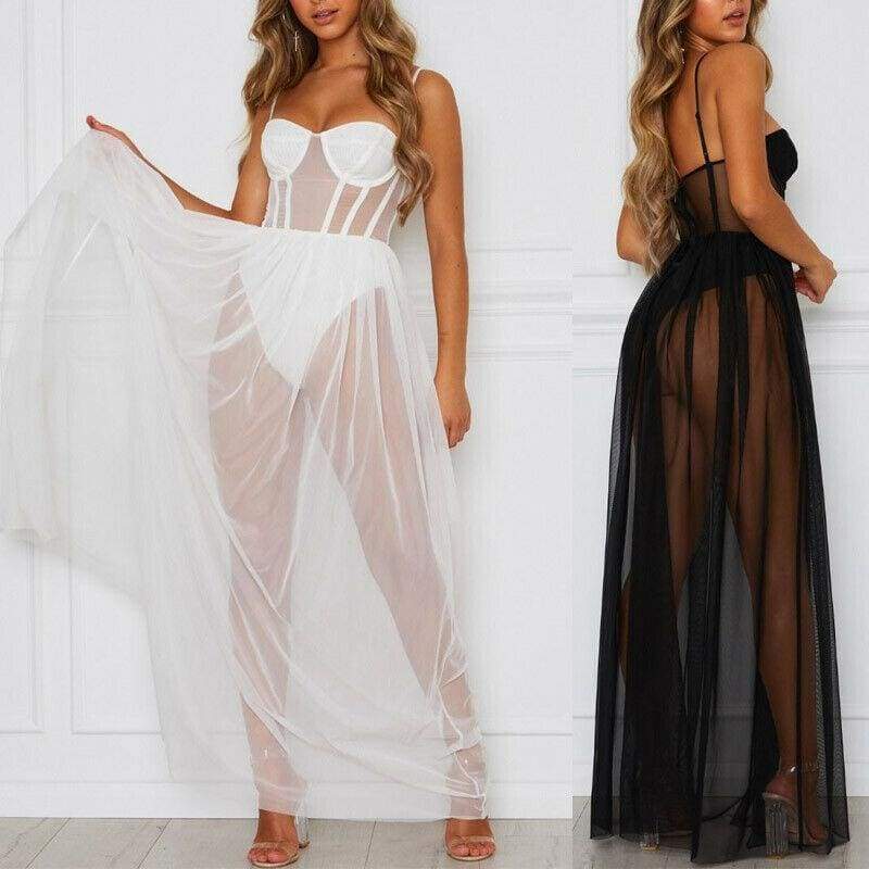 Summer Women Mesh Cover Ups Sundress Perspective Sleeveless Backless Casual Long Bathing Suit Beach Clothes