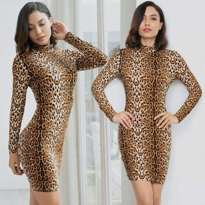 Summer Women's Sexy Leopard High Neck Long Sleeve Mini Dress Ladies Bodycon Slim Holiday Beach Clothes Party Clubwear