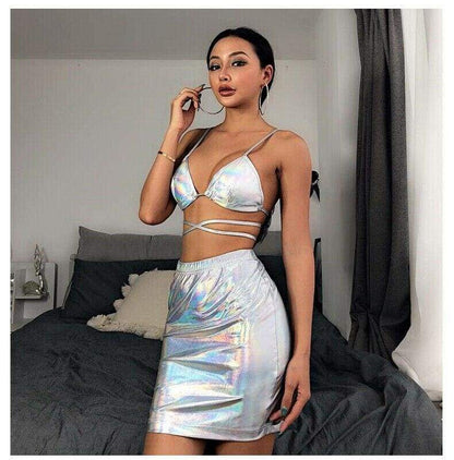 Women 2 Piece Summer Backless Bodycon Crop Tops and Skirt Set Short Mini Dress Party Sexy Ladies Clubwear Set