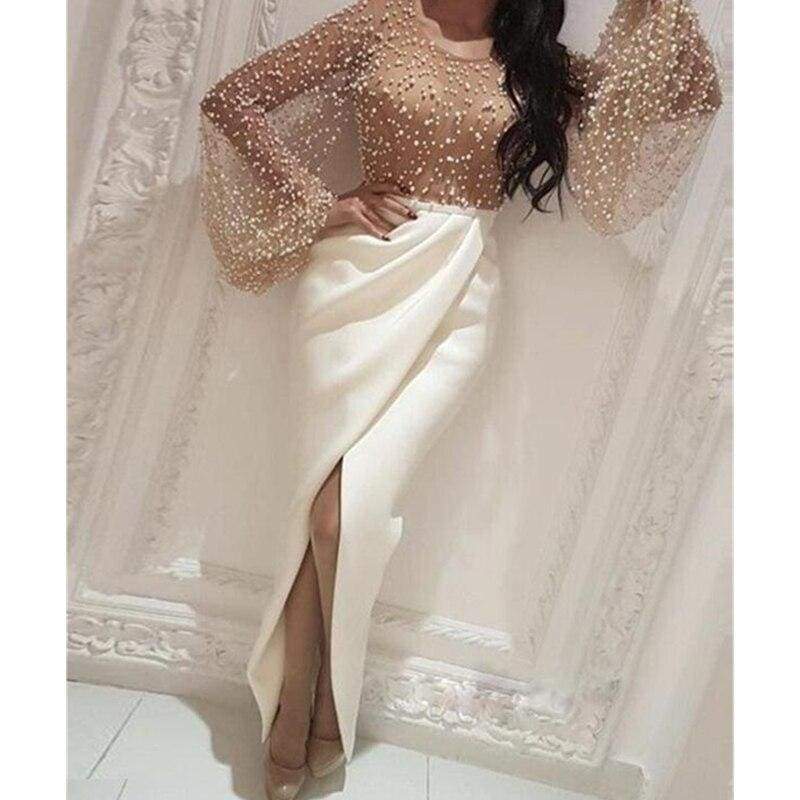 Women Beaded Patchwork Slit Long Puff Sleeve Formal Gown