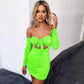 Women Bodycon Dress Off Shoulder Long Sleeve Hollow Out Solid Clubwear Party Ladies Casual Slim Mini Dress