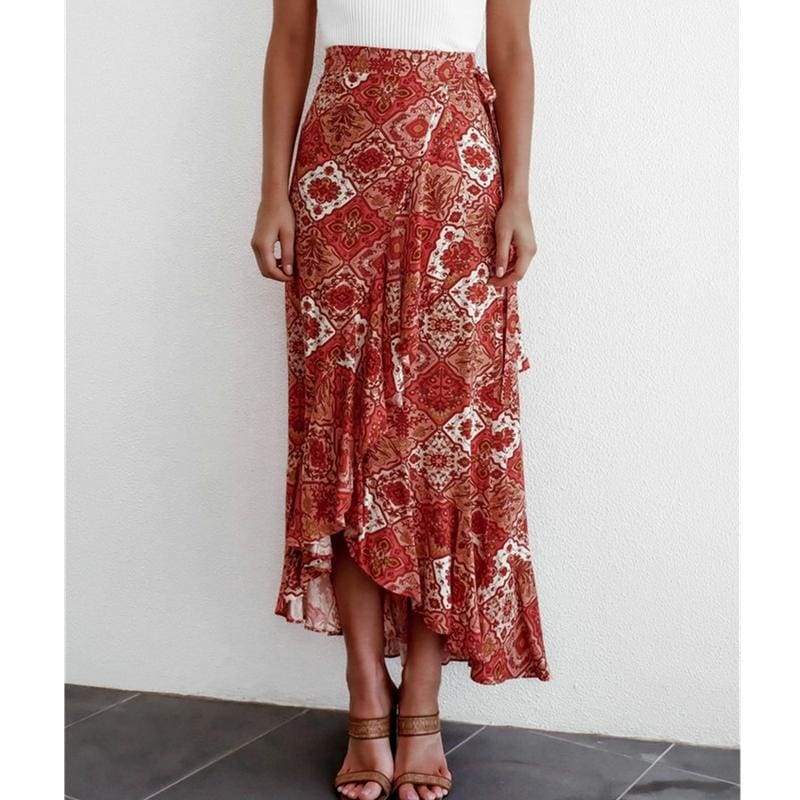Women Boho Floral Jersey Gypsy High Waist Long Skirt Ladies Summer Beach Holiday Casual Ruffle Wrap Sundress