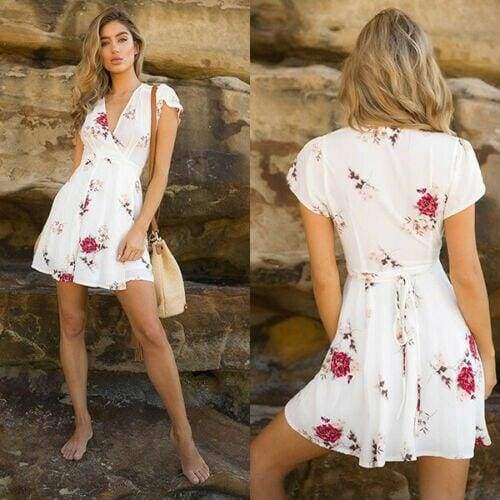 Women Dress Short Sleeve Floral Printed Chiffon Lace Up Deep V-neck Casual Beach Dress Summer Fashion Dress For Women