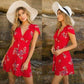 Women Dress Short Sleeve Floral Printed Chiffon Lace Up Deep V-neck Casual Beach Dress Summer Fashion Dress For Women