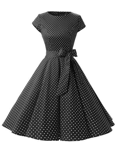 Women Dress Vintage Printed Dot A-Line O-Neck Bow Sashes