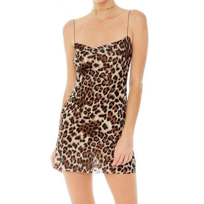 Women Fashion Leopard Print Slip Dress Summer Holiday Beach Bodycon Party Strappy Backless Mini Dresses Sundress