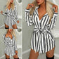 Women Fashion Long Shirt Dress Ladies V-neck Striped Print Casual Summer Mini Dress Short Mini Dress
