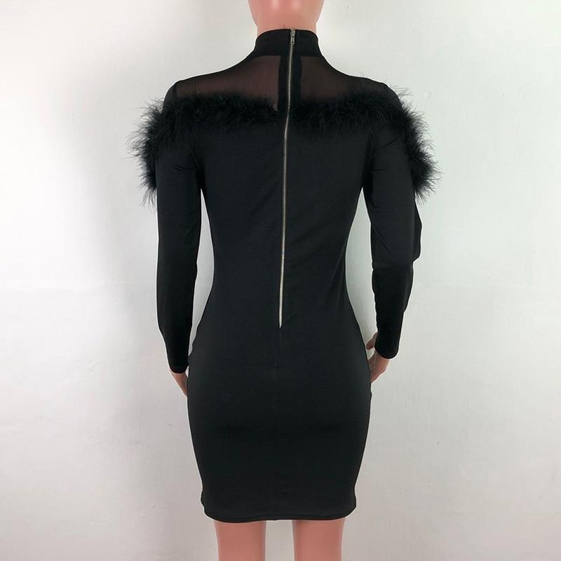 women faxu fur long sleeve bodycon dress stretchy mini party dress back zipper solid transparent chocker neck vestidos