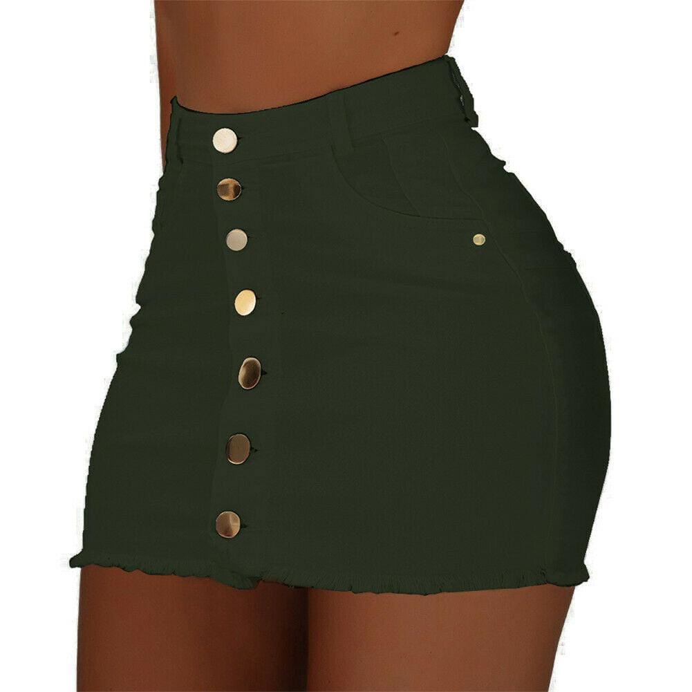 High Waist Button Skirt Denim Jean Bodycon Casual Party A-line Short Stretch Mini Dress