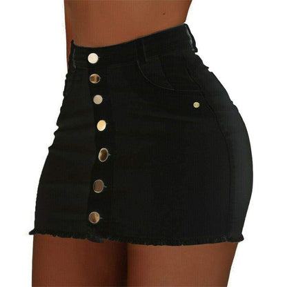 High Waist Button Skirt Denim Jean Bodycon Casual Party A-line Short Stretch Mini Dress