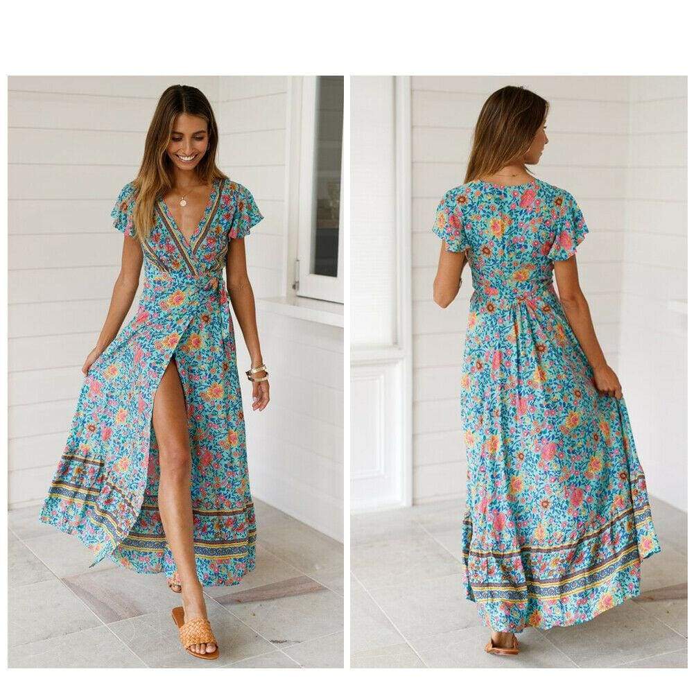 Women High Waist Summer Boho Floral Print Short Sleeve Beach Dress New Fashion Ladies V-Neck Long Dress Sundress
