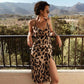 Women Holiday Strappy High Waist Leopard Print Summer Casual Sleeveless V-Neck Fashion Ladies Beach Side Split Sundress New