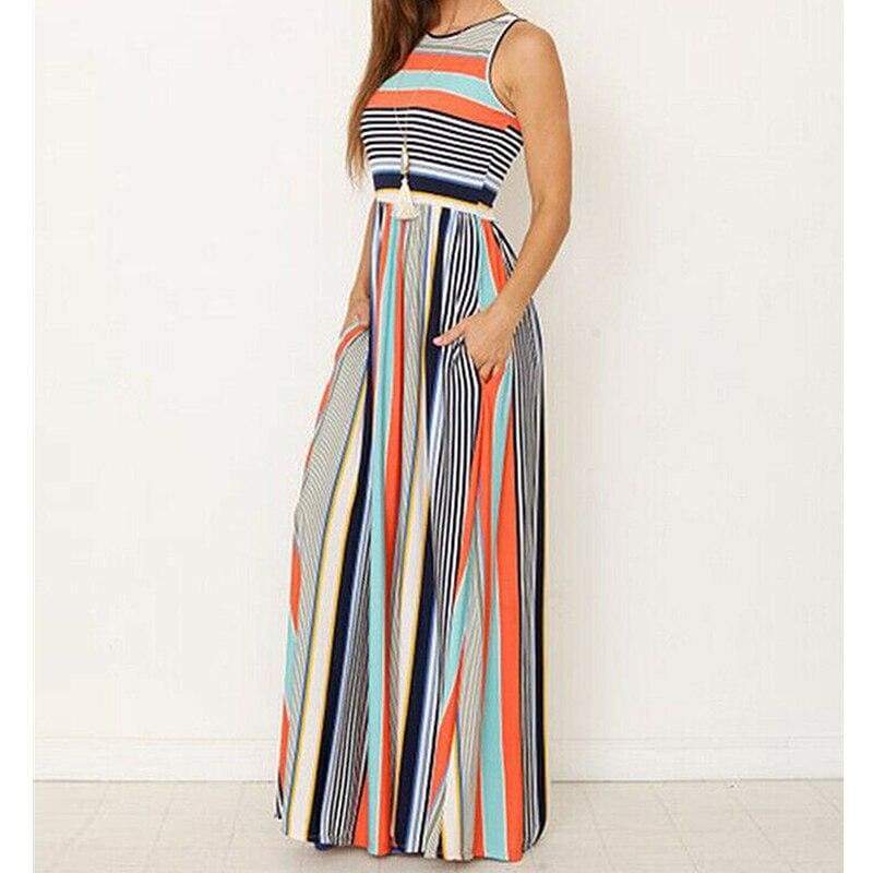 Women Ladies Boho Stripe Bodycon Sleeveless Maxi Dress Pocket High Waist Summer Beach Dress Sundress New