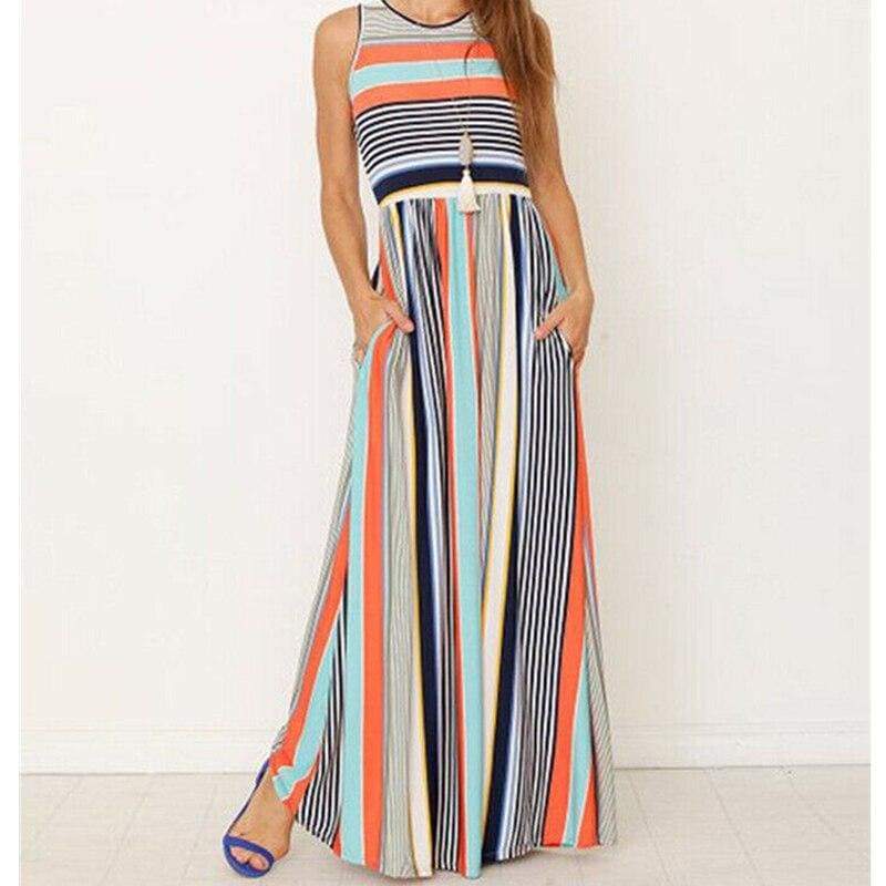 Women Ladies Boho Stripe Bodycon Sleeveless Maxi Dress Pocket High Waist Summer Beach Dress Sundress New