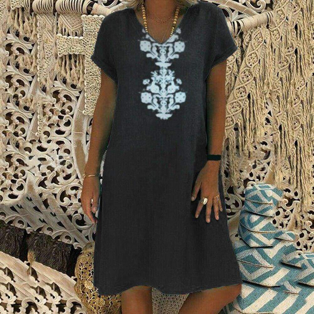 Women Ladies Summer Holiday Short Sleeve Boho Dress Print Party Casual Kaftan Short Mini Dress Sundress Plus Size
