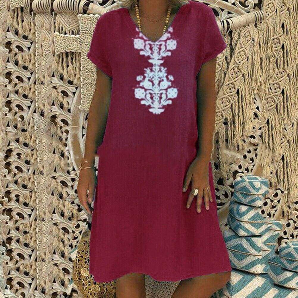 Women Ladies Summer Holiday Short Sleeve Boho Dress Print Party Casual Kaftan Short Mini Dress Sundress Plus Size