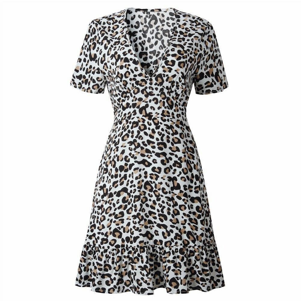 Women Leopard Print Sexy V Neck Dress New Fashion Ladies Summer Beach Short Mini Dress Sundress Casual Short Sleeve Party Dress