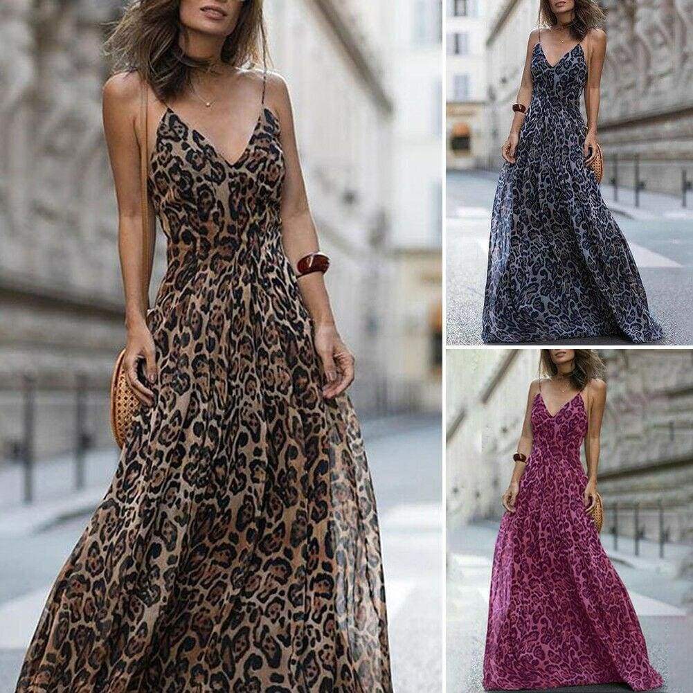 Women Leopard Print Sleeveless Maxi Long Dress Fashion Ladies Party V Neck Summer Beach Sexy Dress Sundress