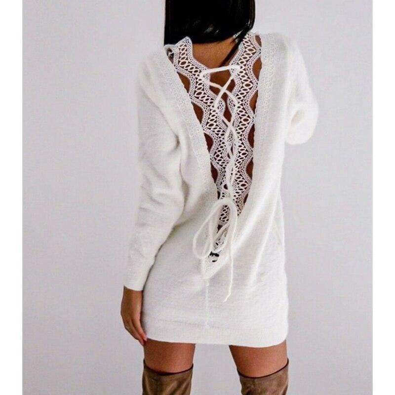 Women Long Sleeve Knitted Sweater Mini Dress Fashion Autumn Winter Lady Backless Party Club Casual Jumper Dress