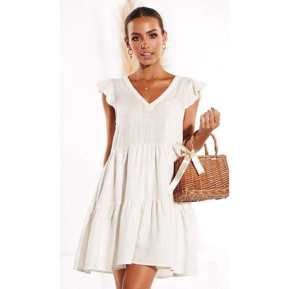 Women Loose Summer Dress Short Sleeve V Neck Mini Casual vintage dress