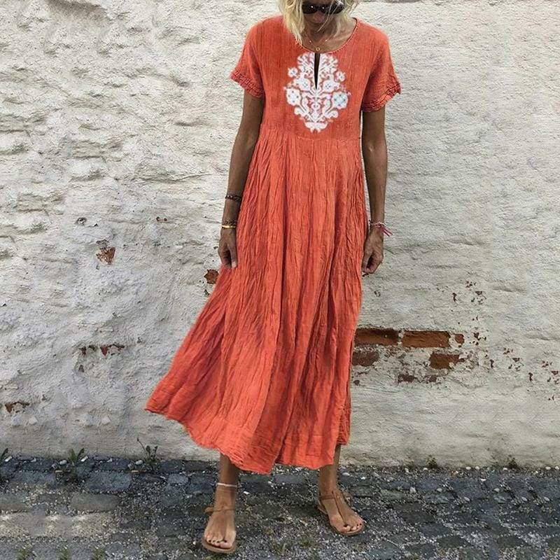 Women Peasant Ethnic Boho Cotton Linen Long Sleeve Maxi Dress